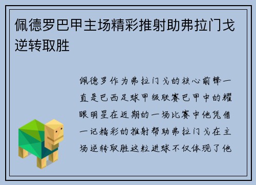 佩德罗巴甲主场精彩推射助弗拉门戈逆转取胜