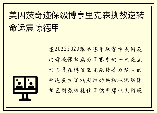 美因茨奇迹保级博亨里克森执教逆转命运震惊德甲 美因茨奇迹保级博亨里克森执教逆转命运震惊德甲
